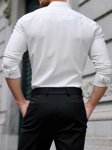 Manfinity Bizformal Men's Casual Long Sleeve Shirt,All White Autumn Business Office Solid Color Sleek Design Lightweight Breathable Fabric Versatile Modern Dress Shirt - White - View 2