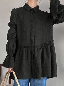 FRIFUL Women's Solid Color Ruffle Sleeve Single-Breasted Loose Casual Shirt Long Sleeve Top - Black - View 3