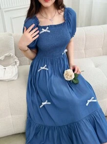 SHEIN 少女纯色泡泡袖蝴蝶结装饰休闲夏装 - 藍色 - 查看 5