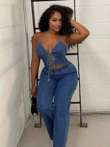 Alexandranx 女士牛仔套装：露背上衣和松紧腰裤，蓝色 - 藍色 - 查看 4