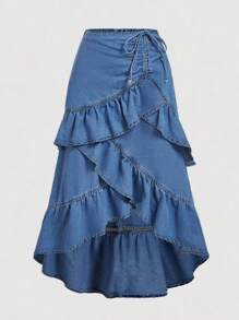 SHEIN CURVE+ 大码女式休闲牛仔裙，腰部系带，层叠荷叶边下摆 - 藍色 - 查看 1