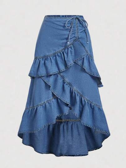 SHEIN MOD Plus Size Fashion Casual Ruffled Uneven Hemline Denim Skirts