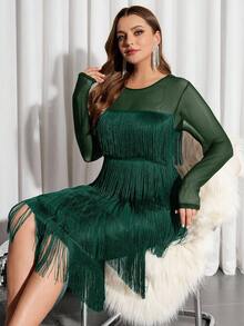 SHEIN Clasi Plus Size Flowing Layered Fringe Mesh Patchwork Dress, Autumn/Winter - Dark Green - View 4