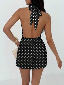 Aloruh 女士休闲优雅露背吊带结迷你连衣裙，适合日常穿着，黑白波尔卡圆点印花 - 彩色 - 查看 2
