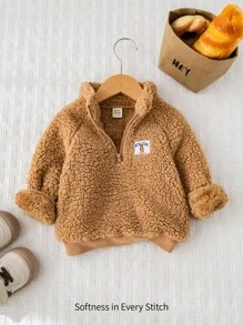 Cozy Pixies Baby Boy Thermal Lined Crew Neck Long Sleeve Half-Zip Pullover Sweatshirt,In Fall/Winter - Camel - View 1