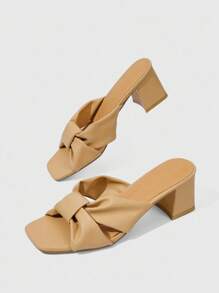 Sleekvia Fashionable Versatile Elegant Apricot Bowknot Square Toe Chunky Heel Ladies Sandals, Suitable For Commuting, Fashion Blogger, Dating, Party, And Banquet - Apricot - View 9