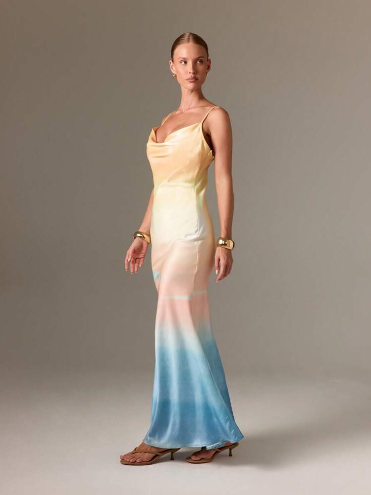 AiiRZ Elegant Watercolor Gradient Satin Maxi Dress With Cowl Neck And Spaghetti Straps Summer Beach Wedding Guest Floor Length Evening Gown Prom Party