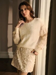 MOTF PREMIUM SUÉTER ROMÁNTICO CON BORDADO DE LENTEJUELAS Y PARCHES EN LAS MANGAS, ADECUADO PARA CITAS DE OTOÑO/INVIERNO - Beis - Ver 7