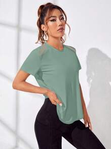 Seamluxe SHEIN Sport 女士纯色休闲运动短袖T恤健身衫 - 薄荷綠 - 查看 3