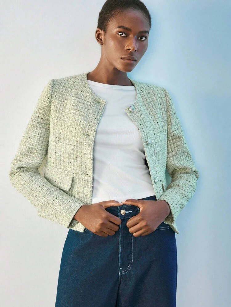 SHEIN Maija Green Tweed Shirt Collar Cropped Loose Urban Chic Casual Jacket For Women Tweed Jacket Women Green Blazer Women Dress Jacket Suit Jacket For Women Tweed Blazer,Fall Women Clothes,Halloween,Fall Clothes For Women