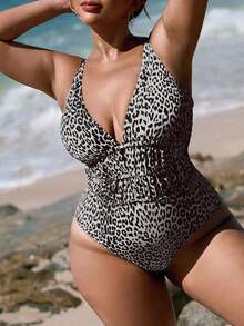 Swim SXY Plus Size Women's One-Piece Leopard Print Halter Backless Sexy Swimsuit, Casual Beach Holiday