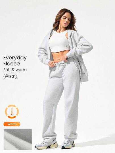 GLOWMODE 30'' Everyday Fleece Wide Leg Adjustable Drawstring Waist Basic Joggers Sweatpants With Side Pockets Daily Casual Fall Winter