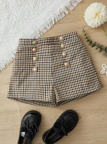 SHEIN Tween Girls' Fashionable Elegant Woven Plaid Metal Decor Button Shorts