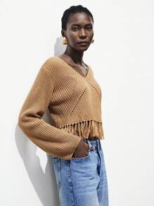 Lumivelle Suéter de punto casual de mujer con bajo con flecos y unicolor, para otoño e invierno