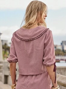 Aralina Conjunto bohemio casual de otoño e invierno para mujer con estampado de cuadros, lazos delanteros y lindo cuello Peter Pan, perfecto para atuendos de cumpleaños - Rosa - Ver 6