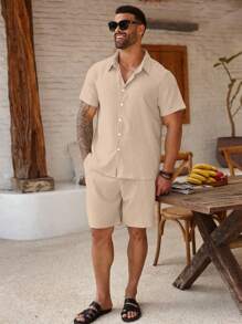 Manfinity Homme Costum casual pentru bărbați, mărime plus, culoare solidă, mânecă scurtă, cu un singur nasture, cămașă și pantaloni scurți - Kaki - Vizualizare 4
