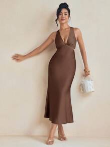Amiko 棕色斜纹垂坠缎面吊带裙，搭配系带婚礼优雅连衣裙夏季度假 - 棕色 - 查看 3