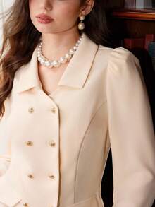 SHEIN MOD Women's Apricot Puff Sleeve Double-Breasted Cinched Waist Blazer And A-Line Skirt Set In Fall/Winter - Apricot - View 7