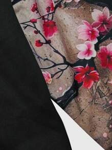 ROMWE MEN Anime Men's Floral Print Patchwork Hoodie Sweatshirt, Suitable For Everyday Wear - Black - View 4