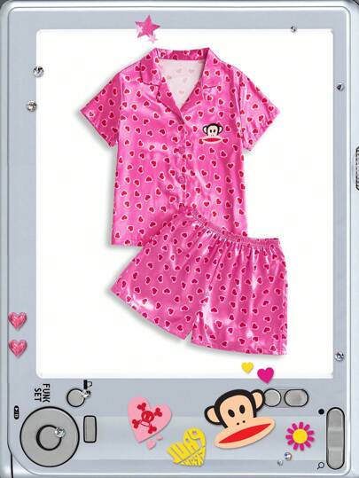 Paul Frank X ROMWE Ensemble pyjama casual femme d'été en satin avec imprimé cœur, chemise à manches courtes et shorts