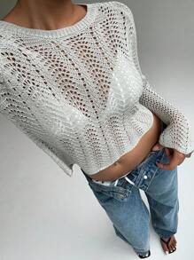 FavEase 百搭纯色镂空针织喇叭袖短款毛衣针织套头衫秋冬