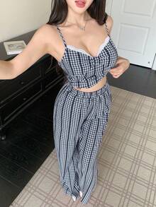 DAZY 3 件套女士宽松休闲度假风镂空蕾丝拼布格子吊带背心、直筒裤和 T 恤套装秋冬 - 藏蓝色 - 查看 3