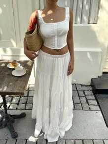 Lyxana 方领无袖上衣+层叠喇叭裙两件套 - 白色 - 查看 3