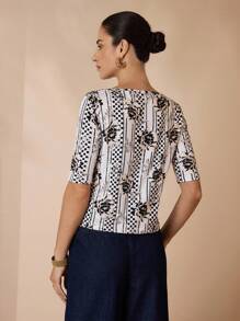 Shutterstock Glamance Women's Off Shoulder Fitted Mid-Sleeve Printed T-Shirt Women S Blouses For Summer Women S Work Tops Floral Print Top Half Sleeve Top Boat Neck Top Business Casual Outfits Elegant