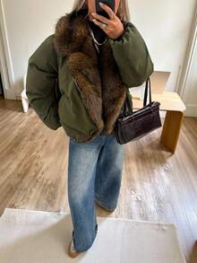 Muchica 绿色毛领女式休闲长袖棉服 - 軍綠色 - 查看 6