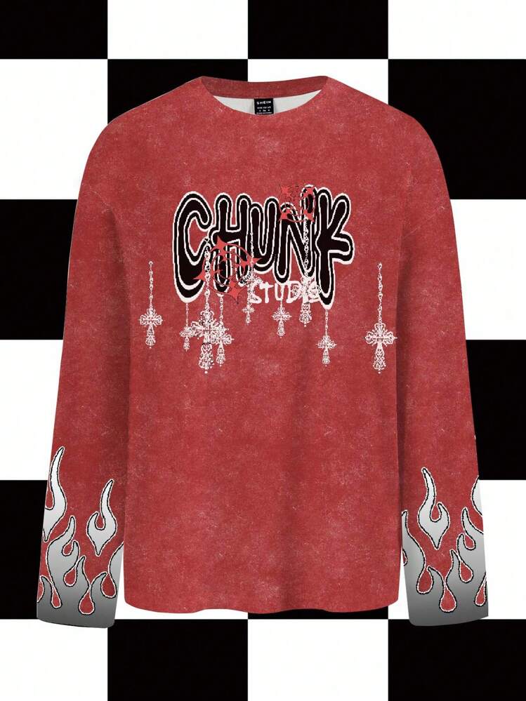 Studio Chunk 红色、做旧、十字架、金属链、渐变火焰、万圣节、深色、街头服饰、Y2K、休闲女士宽松圆领长袖 T 恤，适合秋冬季、派对、俱乐部、日常穿着 - 紅色 - 查看 1