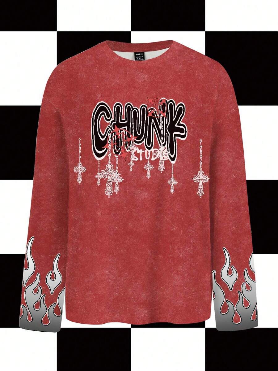 Studio Chunk Red, Distressed, Cross, Metal Chain, Ombre Flame, Halloween, Dark, Streetwear, Y2K, Casual Women's Loose Fit Crew Neck Long Sleeve T-Shirt, Suitable For Autumn/Winter, Party, Club, Daily Wear - Red - View 1