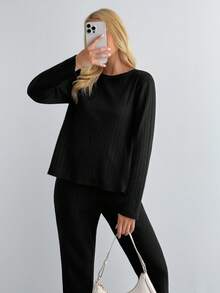 EURMUSE Petite Petite Size Low Slit T-Shirt & Flared Pants Set - Black - View 5