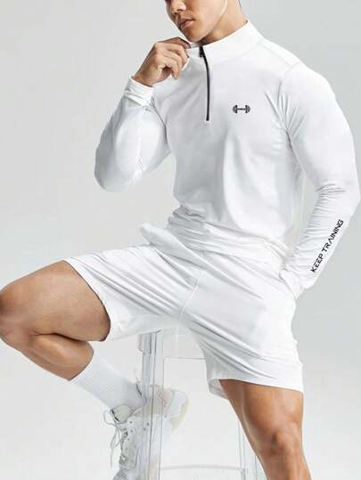 Manfinity Sport Corelite 男式字母和哑铃印花拉链半襟长袖运动夹克