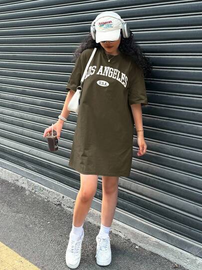 SHEIN Teen Girl Olive Green Casual Loose Star Print Mesh Snug Fit Dress, Suitable For Festivals, Parties, Birthdays, Outings T Shirt Dress Oversized T Shirt Girls Teen Oversized Tee Girls Street Wear Los Angeles T Shirt Dress Girl Sweat Dress
