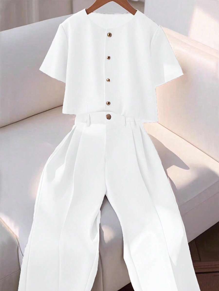 Franclia Fashionable High-End Round Neck Short Sleeve Button-Up Blouse For Women - White - View 1