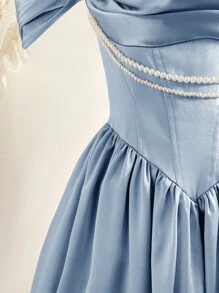 Vintamour 复古优雅缎面仿珍珠项链露肩连衣裙，女士正式派对节日服装，女士夏季连衣裙，女士夏季服装，女士夏季连衣裙，女士夏季度假服装，女士婚礼宾客礼服，女士生日礼服，夏季服装，女士生日服装，度假礼服，女士紧身胸衣连衣裙，夏季连衣裙，女士派对礼服，女士节日服装，女士早午餐服装 - 藍色 - 查看 3