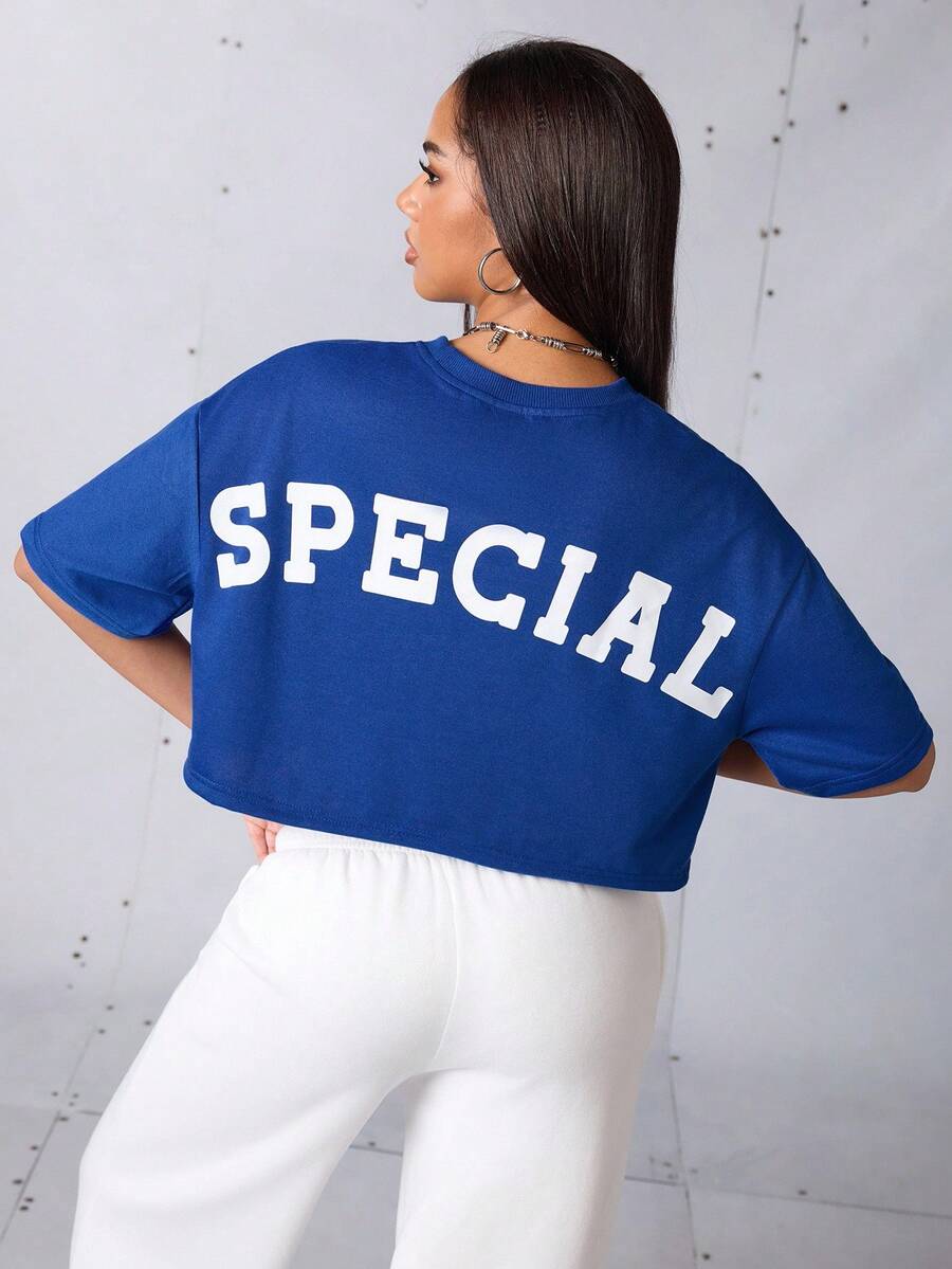 Streetz SHEIN Sport 印花宽松运动T恤和背心健身女式衬衫 - 藍色 - 查看 1