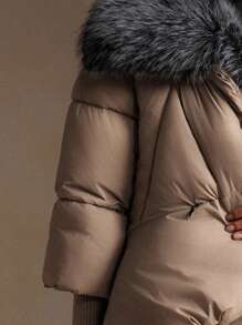 Anewsta Áo khoác dày cao cấp sang trọng có cổ tay áo dệt kim và cổ áo lông thú giả cỡ lớn, thích hợp cho mùa thu, mùa đông, đi chơi, thanh lịch, trang trọng, tiệc tùng, sang trọng, năm mới, áo khoác mùa đông nữ, giáng sinh, công sở, tốt nghiệp, đám cưới - Màu Khaki - Xem 8