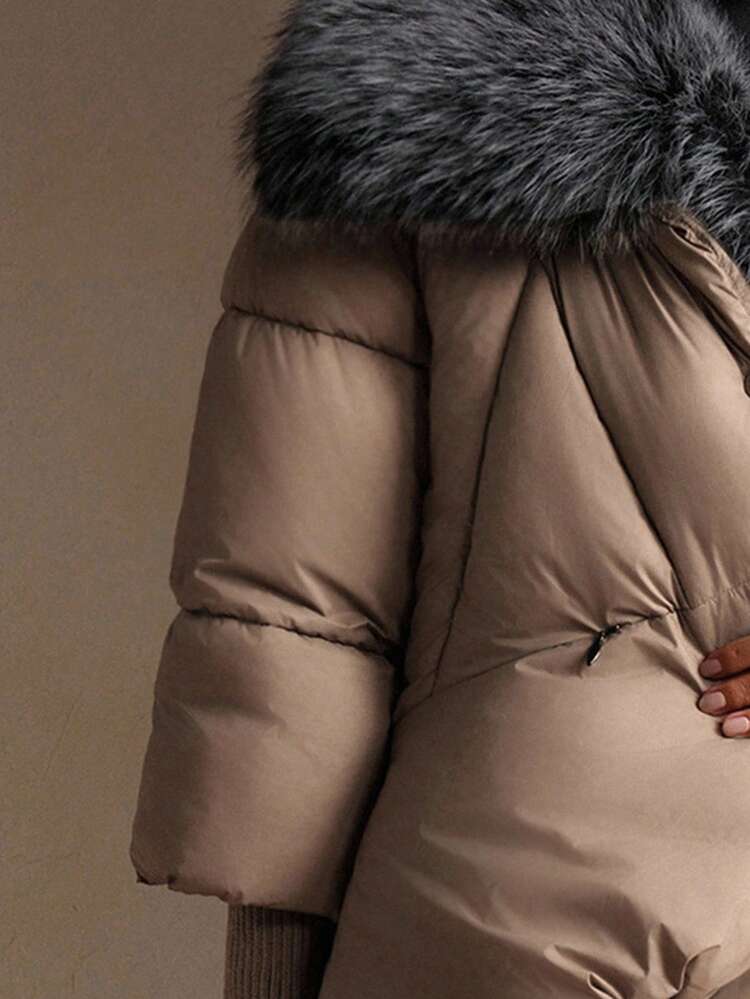 Cappotto di lusso premium con polsini in maglia e collo oversize in pelliccia sintetica, adatto per autunno, inverno, uscite, elegante, formale, festa, chic, Capodanno, cappotto invernale da donna, Natale, lavoro, laurea, matrimonio