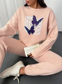 EURMUSE 2pcs Women's Spring & Autumn Letter And Butterfly Print Crew Neck Sweatshirt And Elastic Waist Pants Casual Set - Pink - View 3
