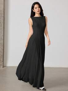 Heiryn 女式优雅纯色蕾丝拼布无袖连衣裙 - 黑色 - 查看 3