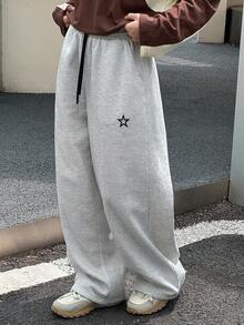 DAZY Teens Girls Thermal Lined Straight Leg Pants, Loose Casual Sweatpants With Star Pattern, Autumn - Grey - View 4