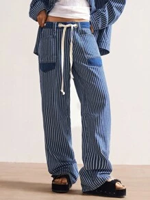 Bohemela 大码休闲水洗条纹直筒裤 - 深色水洗藍 - 查看 4