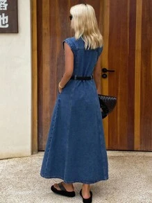 DAZY 女式夏季蕾丝拼布袖牛仔连衣裙 - 藍色 - 查看 2