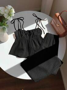 SHEIN EZwear 2件套大码女式休闲黑色细肩带上衣和宽松裤子套装 - 黑色 - 查看 3