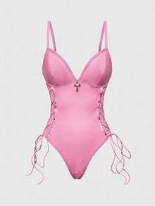 ROMWE Goth Body estilo gótico con colgante de cruz, material de PU - Rosa - Ver 1