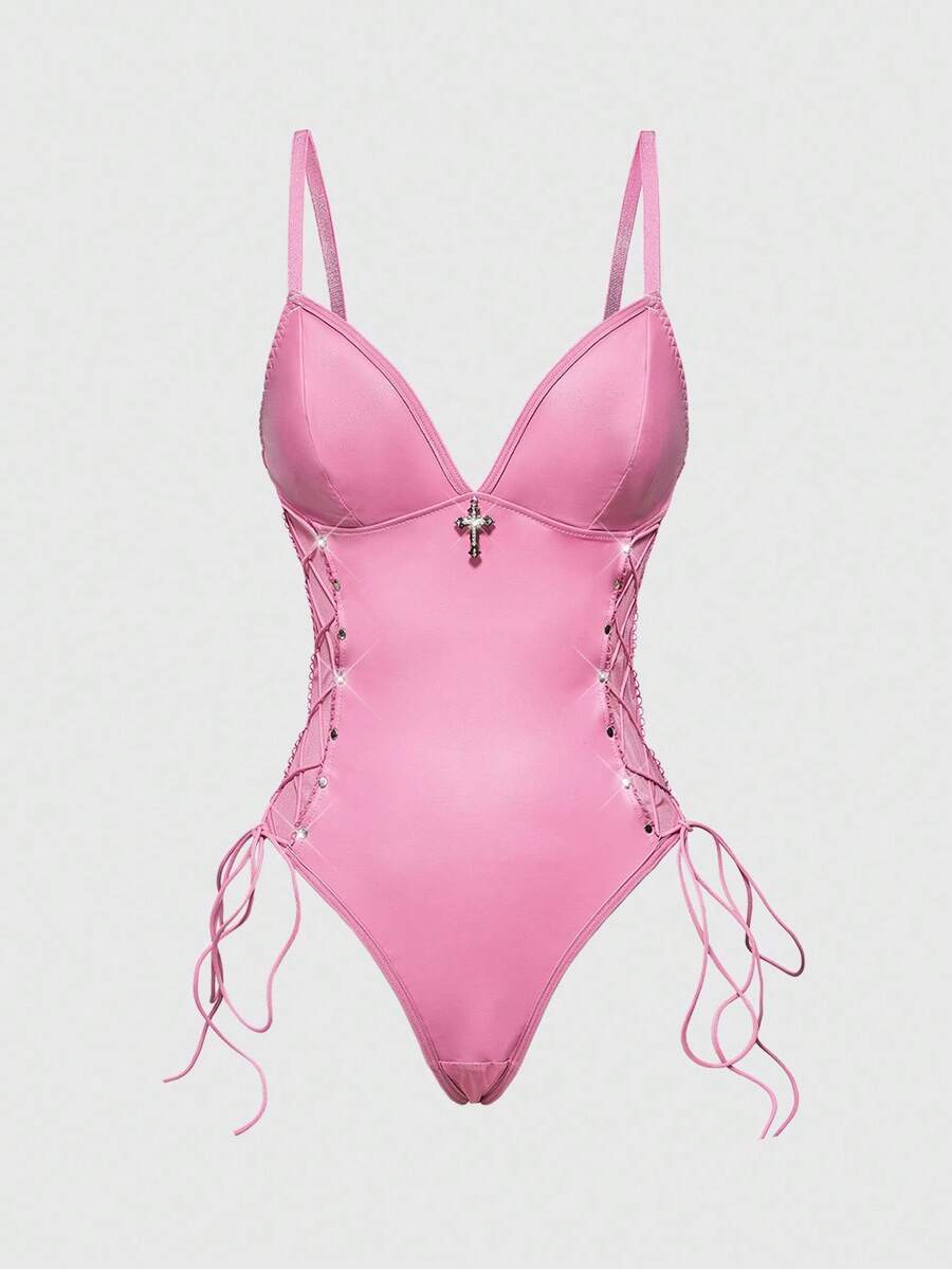 ROMWE Bộ đồ liền thân gợi cảm mặt thánh giá phong cách Gothic, chất liệu PU - Hồng - Xem 1