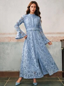 Anewsta 女式蓝色立领喇叭袖束带碎花连衣裙，秋冬款 - 藍色 - 查看 3