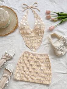 SHEIN x Eduarda Gutierrez Soleia 女士性感 V 领系带露背吊带背心和高腰亮片毛衣两件套，适合派对、圣诞节、约会、夜总会、海滩、游轮、下午茶、波西米亚风、波西米亚风、浪漫花卉、度假钩针两件套奶油色两件套亮片两件套海滩两件套秋冬 - 杏色 - 查看 1