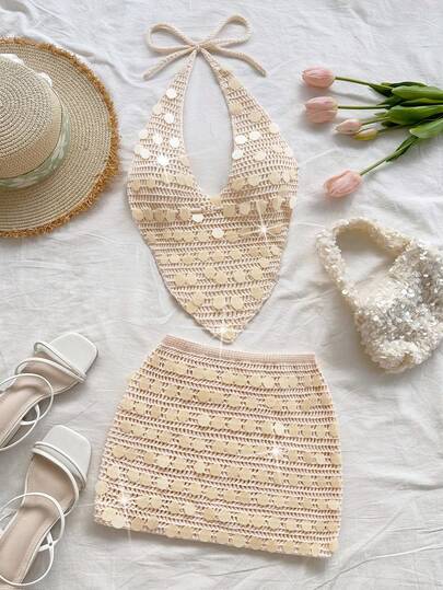 SHEIN x Eduarda Gutierrez Soleia Conjunto de dos piezas con camiseta de tirantes con escote en V sexy y espalda descubierta, y suéter de cintura alta con lentejuelas, adecuado para fiesta, Navidad, cita, discoteca, playa, crucero, té de la tarde, estilo bohemio, floral romántico, vacaciones. Conjunto de dos piezas de ganchillo, conjunto de dos piezas crema, conjunto de dos piezas con lentejuelas, conjunto de dos piezas de playa para otoño/invierno